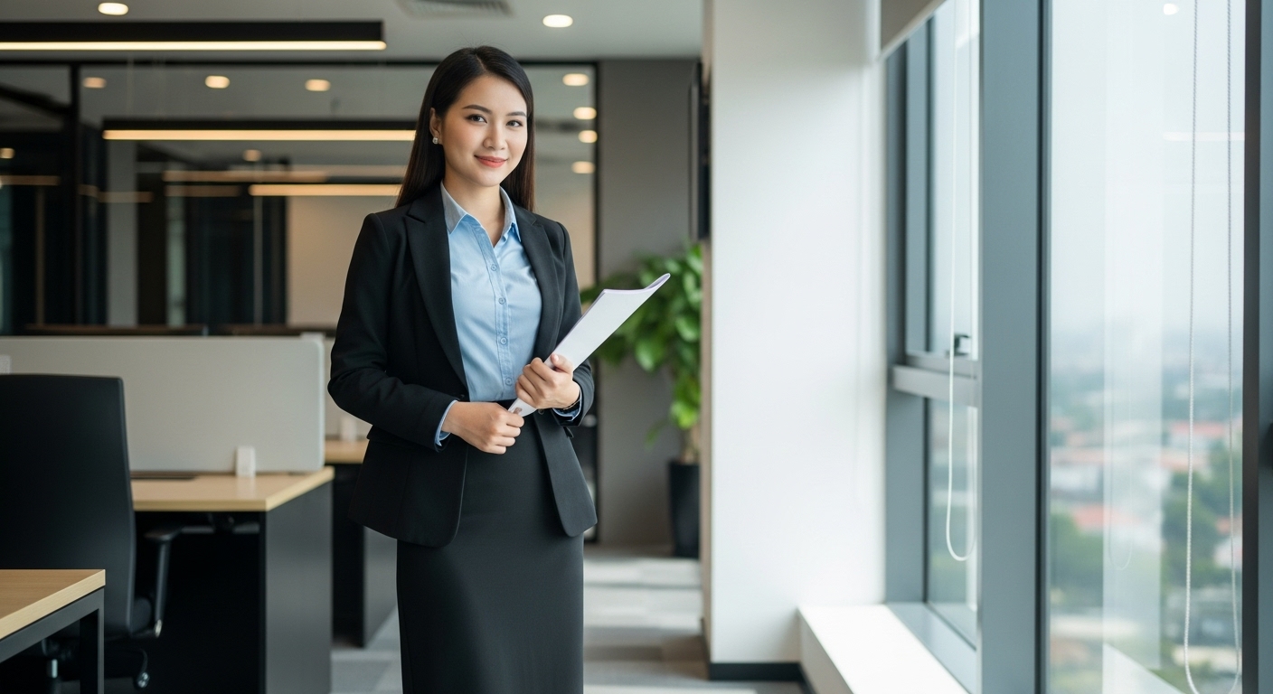Nữ công sở Việt mặc chân váy đen dáng suông, áo sơ mi, blazer.
