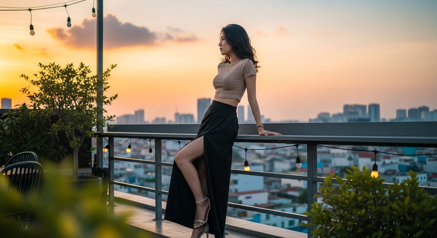 Cô gái Việt quyến rũ trong chân váy đen xẻ tà, áo croptop.