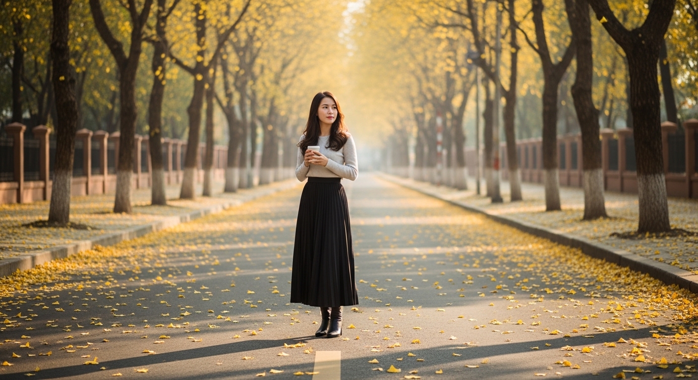 Cô gái Việt mặc chân váy đen xếp ly, áo len ấm áp.