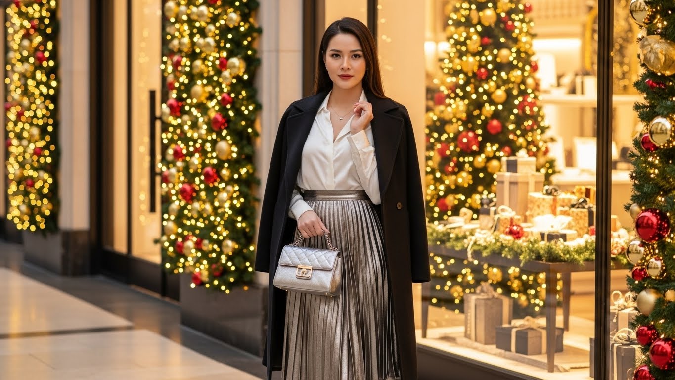 Cô Gái Việt Nam Tinh Tế Trong Chân Váy Midi Xếp Ly.