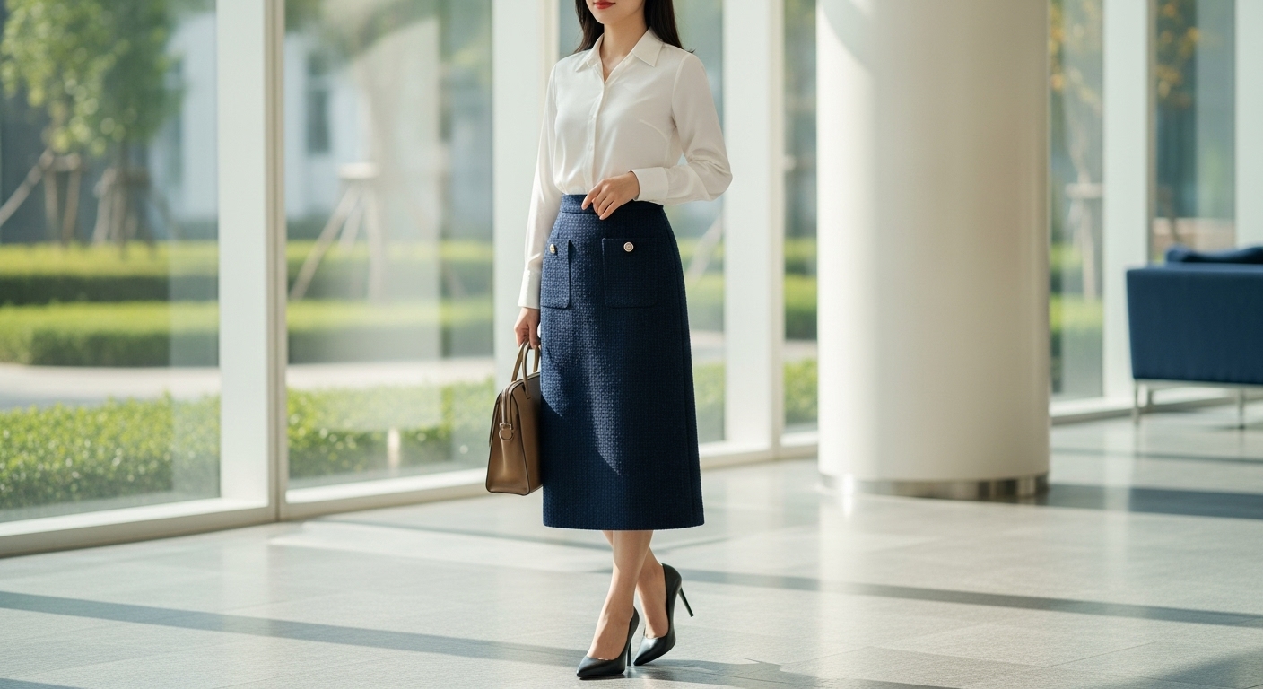 Nữ Công Sở Việt Nam Thanh Lịch Với Chân Váy Xòe Midi Tweed
