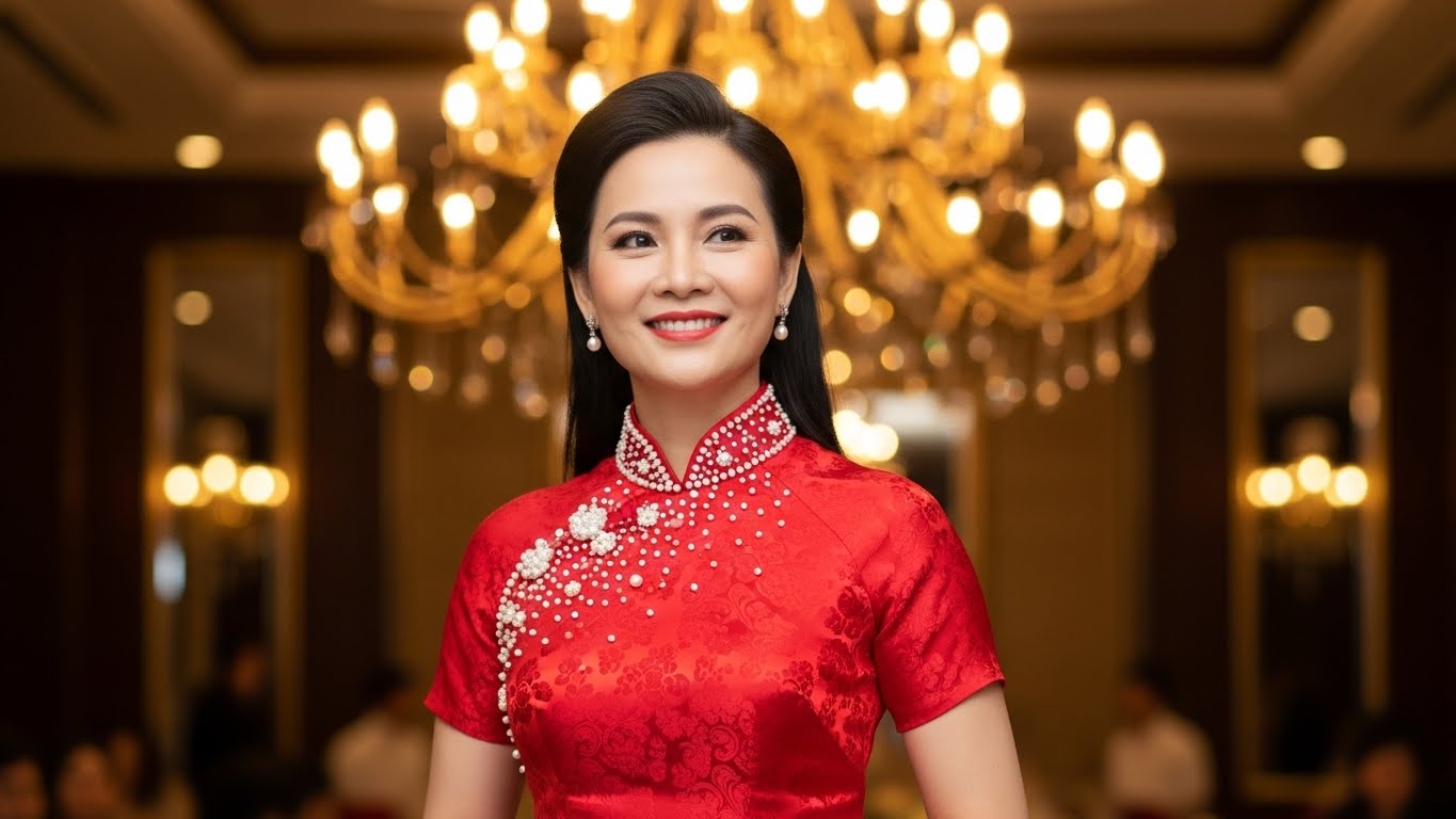 Phụ nữ Việt Nam quý phái diện áo dài gấm đỏ đô dự tiệc.