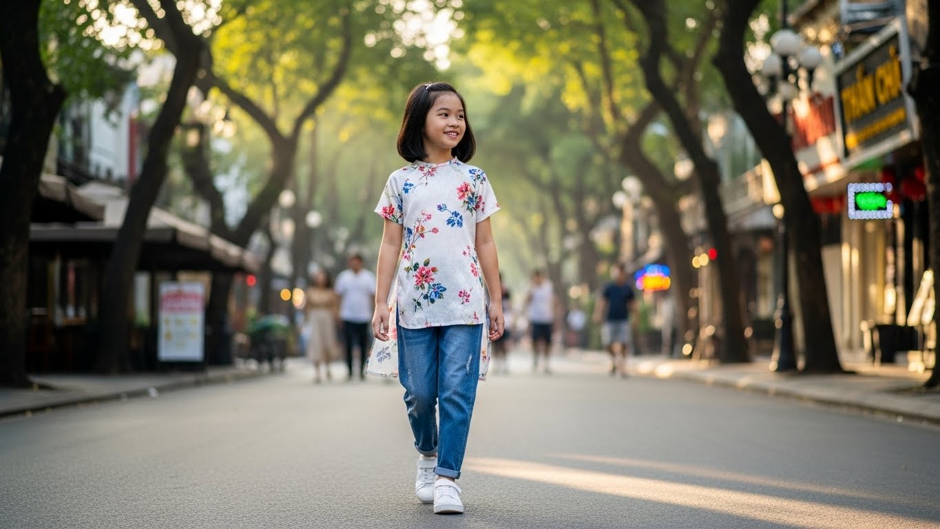 Cô gái Việt Nam dạo phố với áo dài cách tân tay lỡ hoa nhí và quần jean.