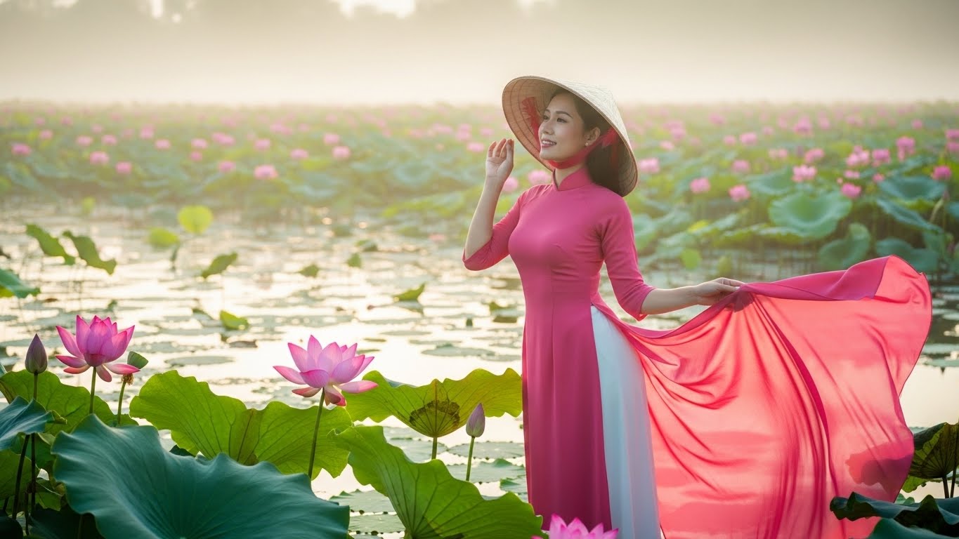 Phụ nữ Việt Nam duyên dáng tạo dáng chụp ảnh bên hồ sen.