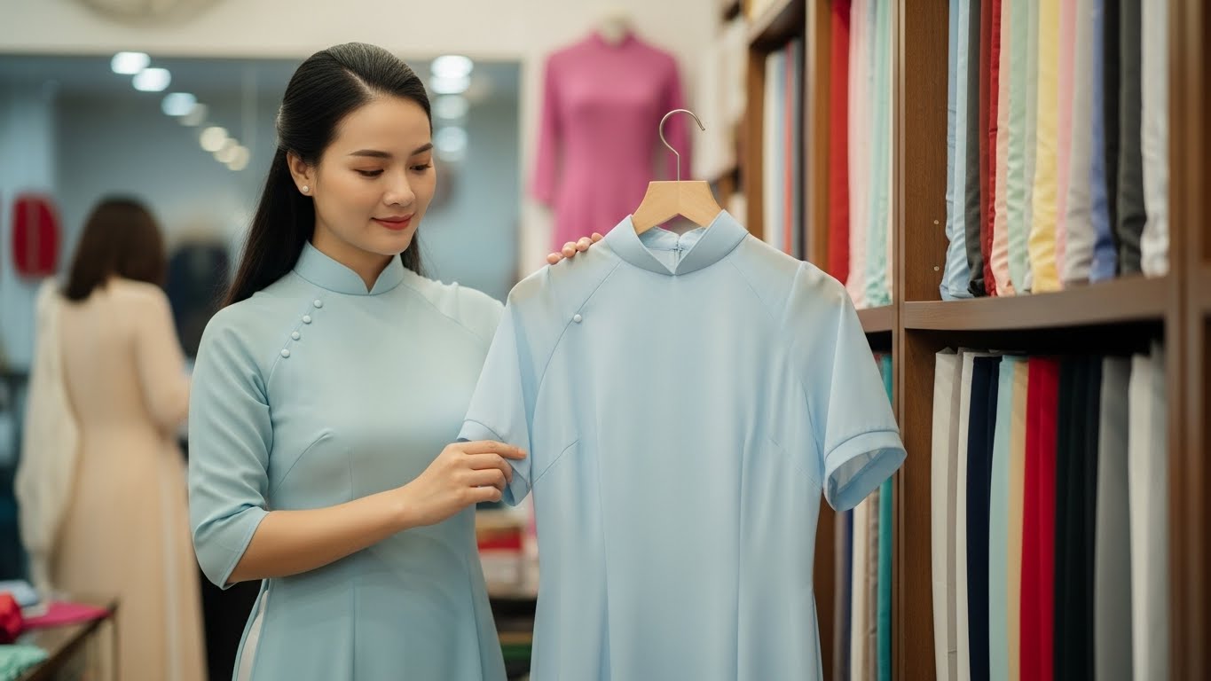 Phụ nữ Việt Nam kiểm tra chất liệu lụa voan mềm mại của áo dài.