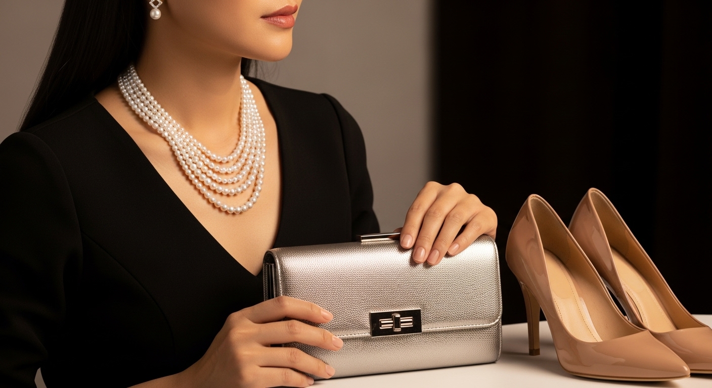 Trang sức, túi xách lấp lánh phối hợp với váy đen.