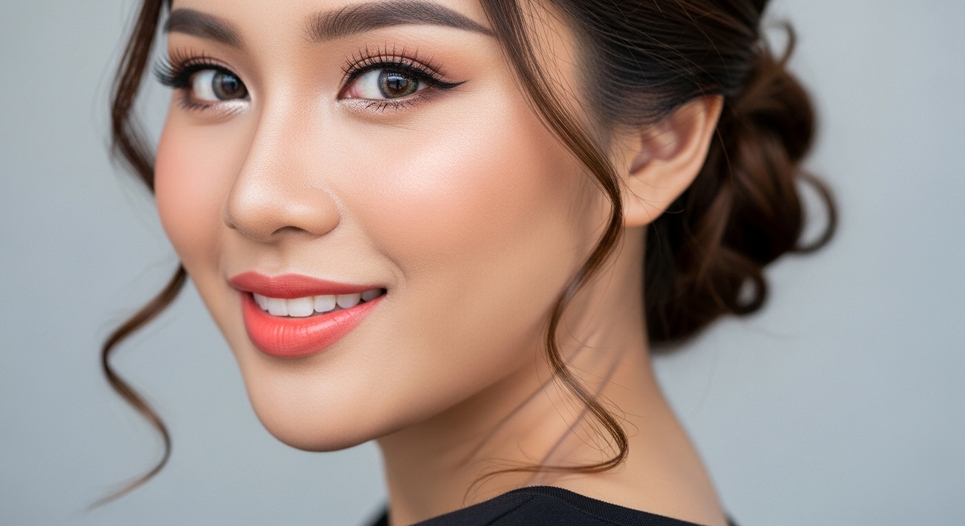 Gương mặt cô gái Việt trang điểm nhẹ nhàng, tóc búi sang trọng.