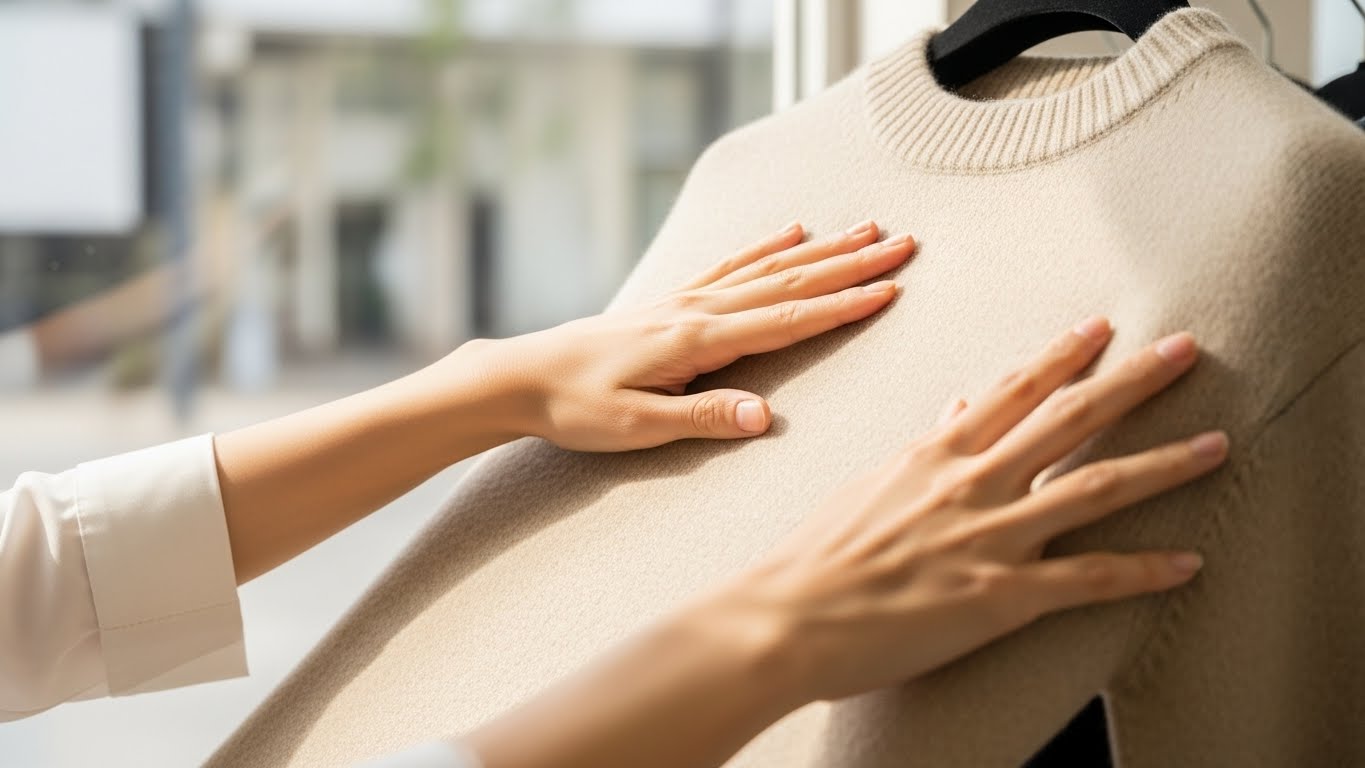 Bàn tay phụ nữ Việt đang kiểm tra chất liệu áo len mịn màng.