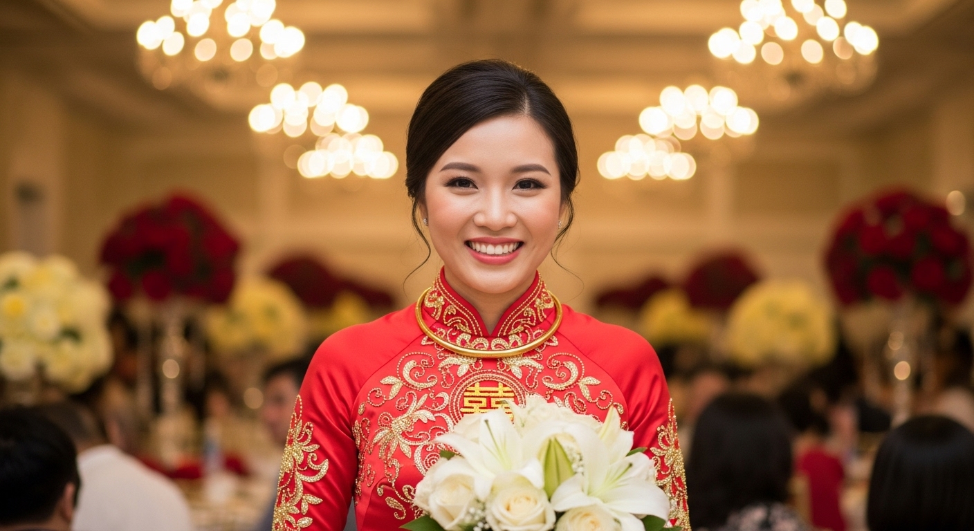 Cô Dâu Rạng Rỡ Trong Áo Dài Đỏ, Nổi Bật Với Hoa Cưới.