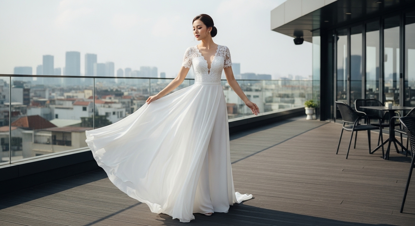 Cô Dâu Áo Dài Trắng Cách Tân Hiện Đại Trên Sân Thượng.