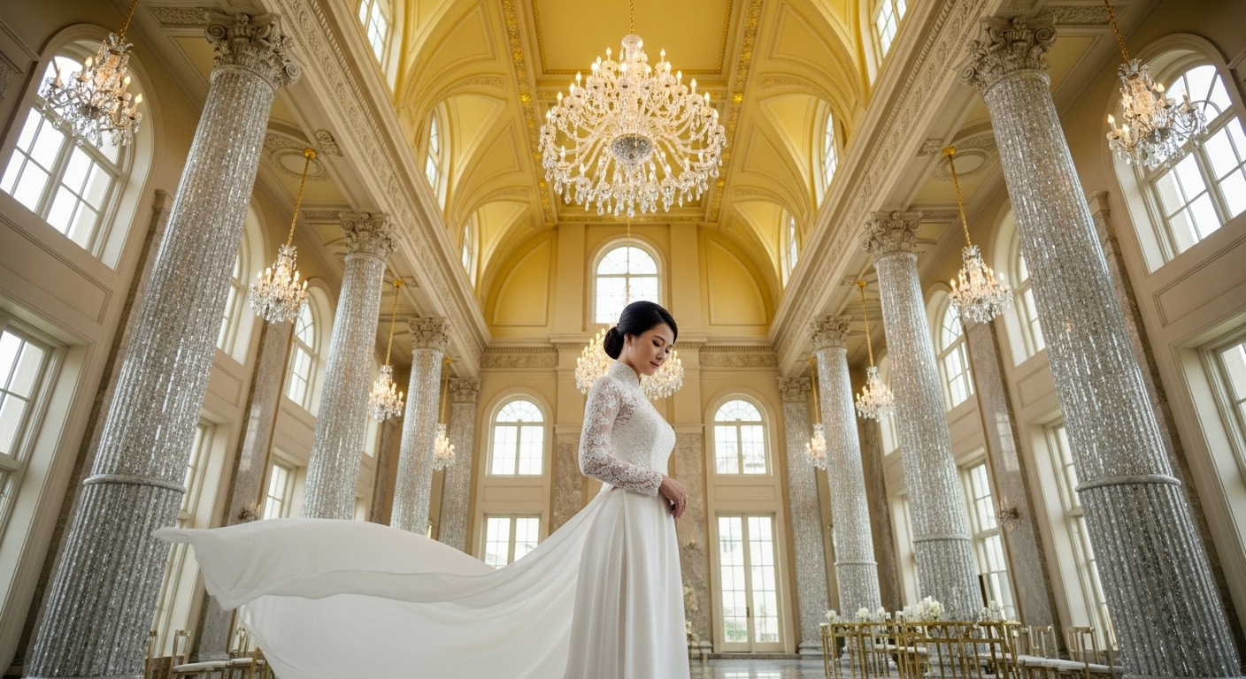 Cô Dâu Áo Dài Trắng Sang Trọng Trong Sảnh Tiệc Cưới.