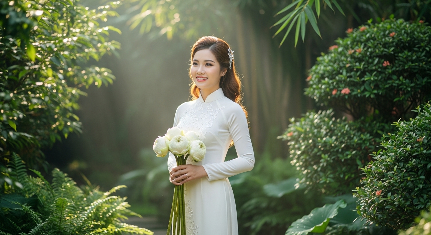 Cô Dâu Áo Dài Trắng Truyền Thống Rạng Rỡ Giữa Vườn Xanh.