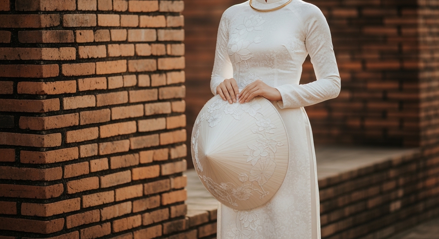 Cô Dâu Áo Dài Trắng Gấm Truyền Thống, Nón Lá Cổ Kính.