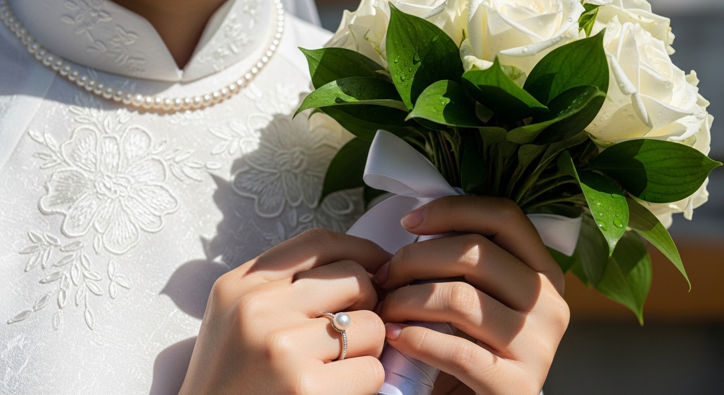 Cận Cảnh Phụ Kiện Áo Dài Cưới: Hoa, Nhẫn, Kiềng Ngọc.