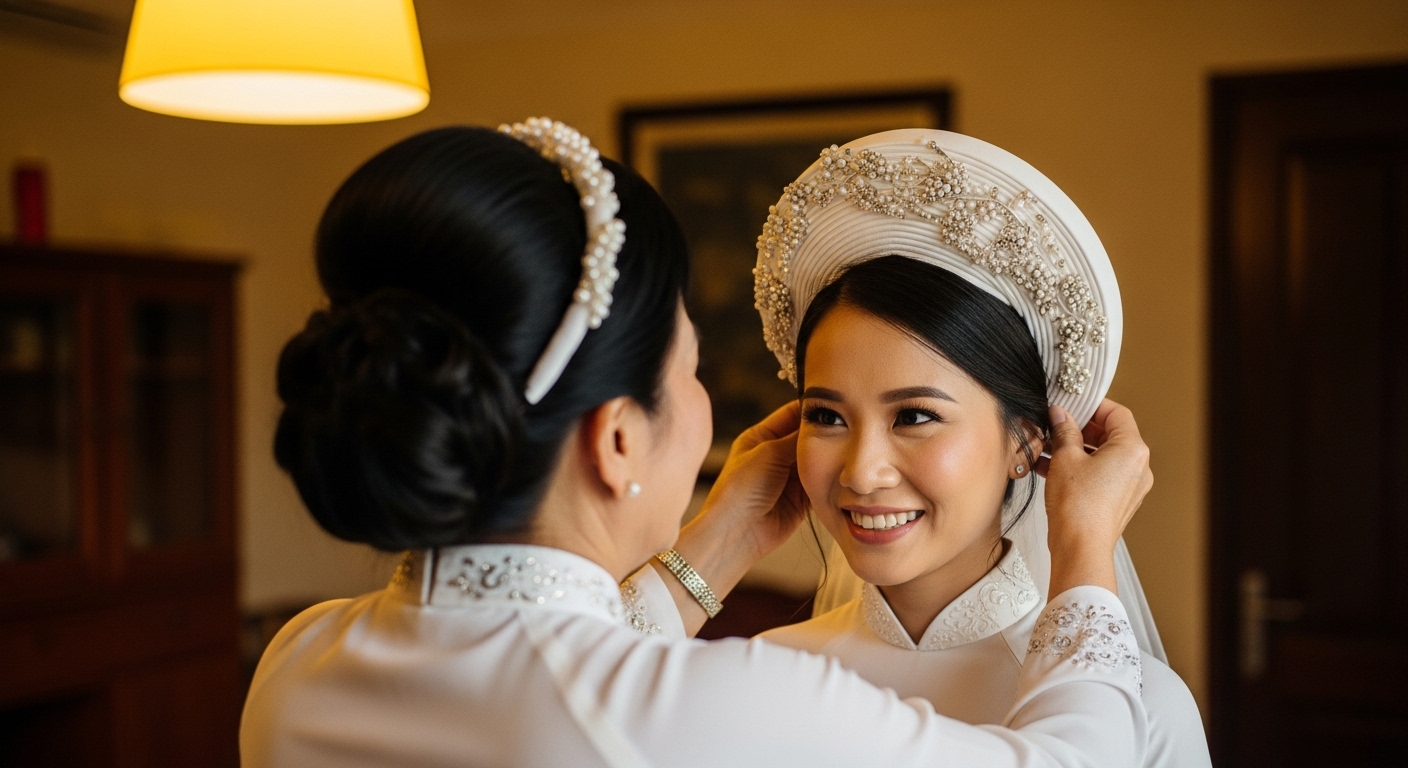 Cô Dâu Được Chỉnh Trang Mấn Áo Dài Trong Phòng.