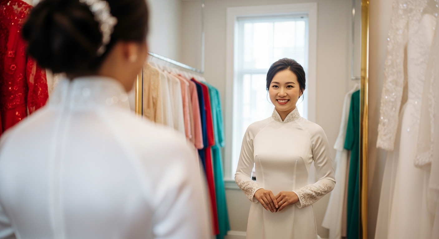Cô Dâu Thử Áo Dài Trắng Lụa Mềm Mại Trong Phòng.