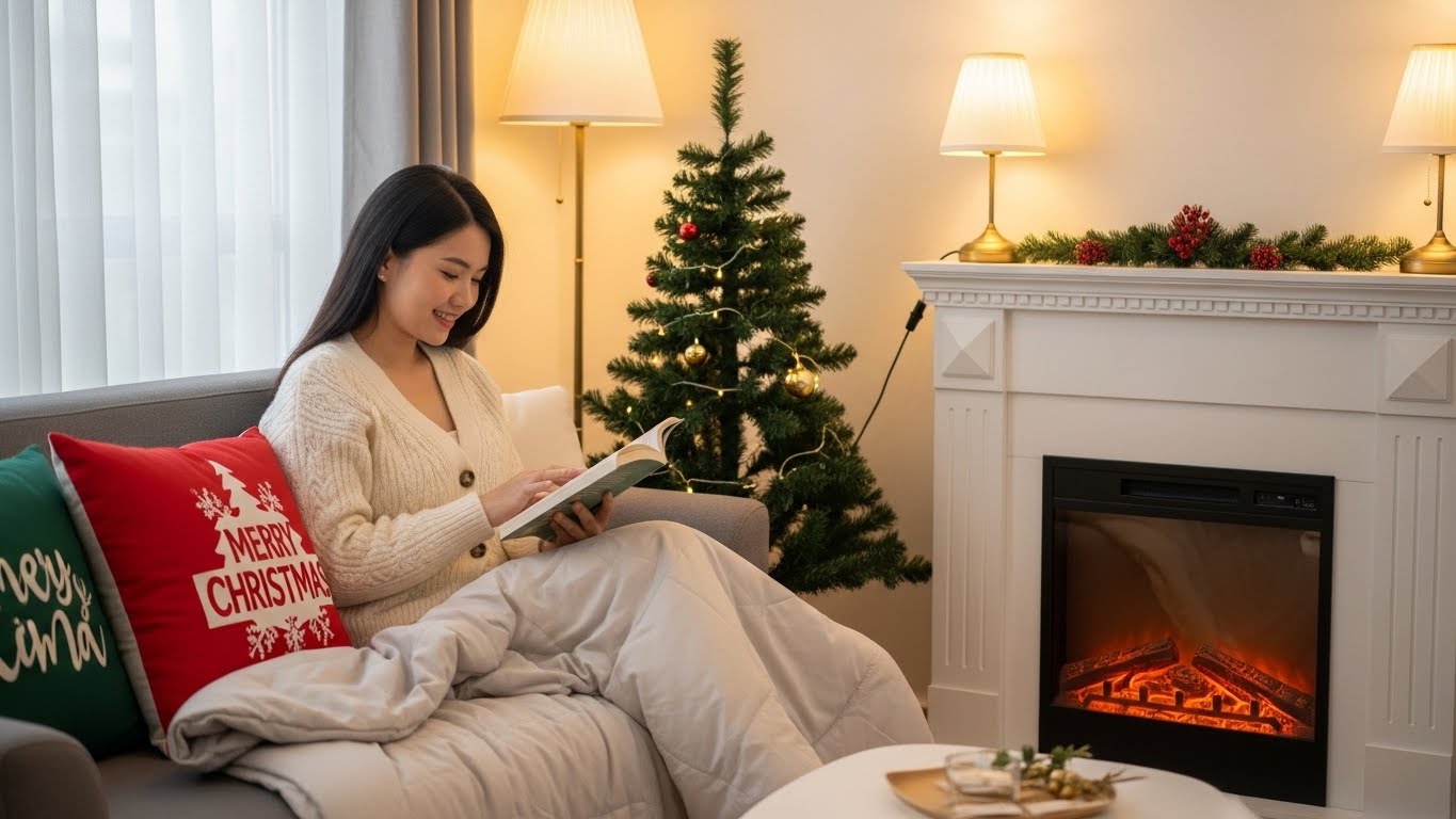 Phụ Nữ Việt Nam Thư Giãn Bên Cây Thông Trong Nhà