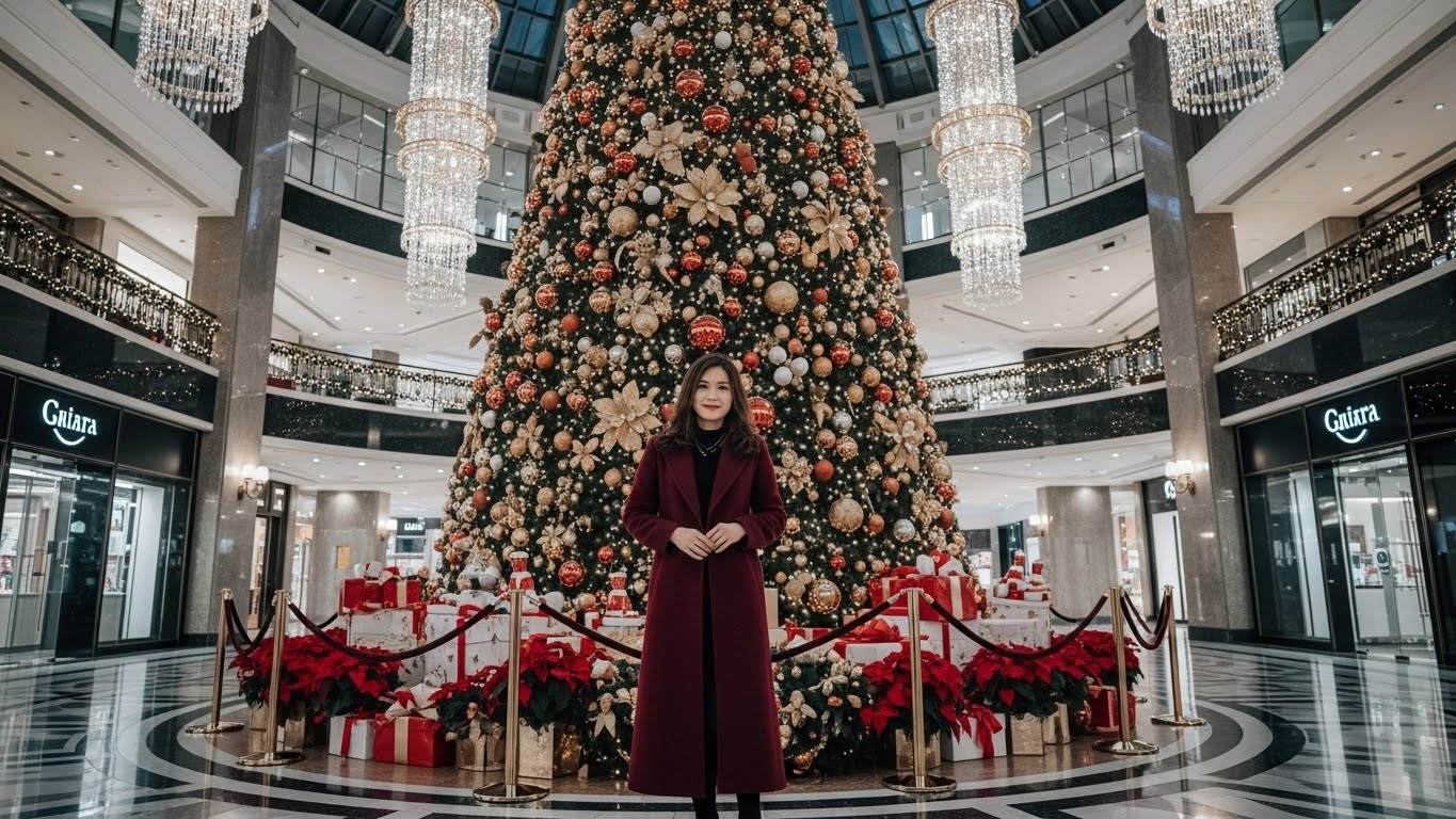 Phụ Nữ Việt Nam Posing Tại Trung Tâm Thương Mại Giáng Sinh