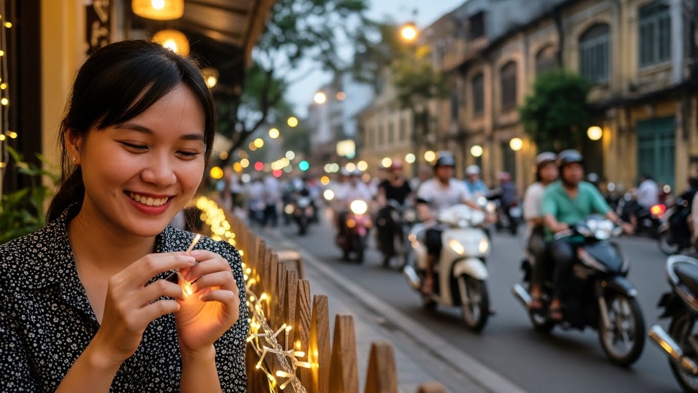 Cô Gái Việt Nam Tương Tác Với Đèn Trang Trí Giáng Sinh