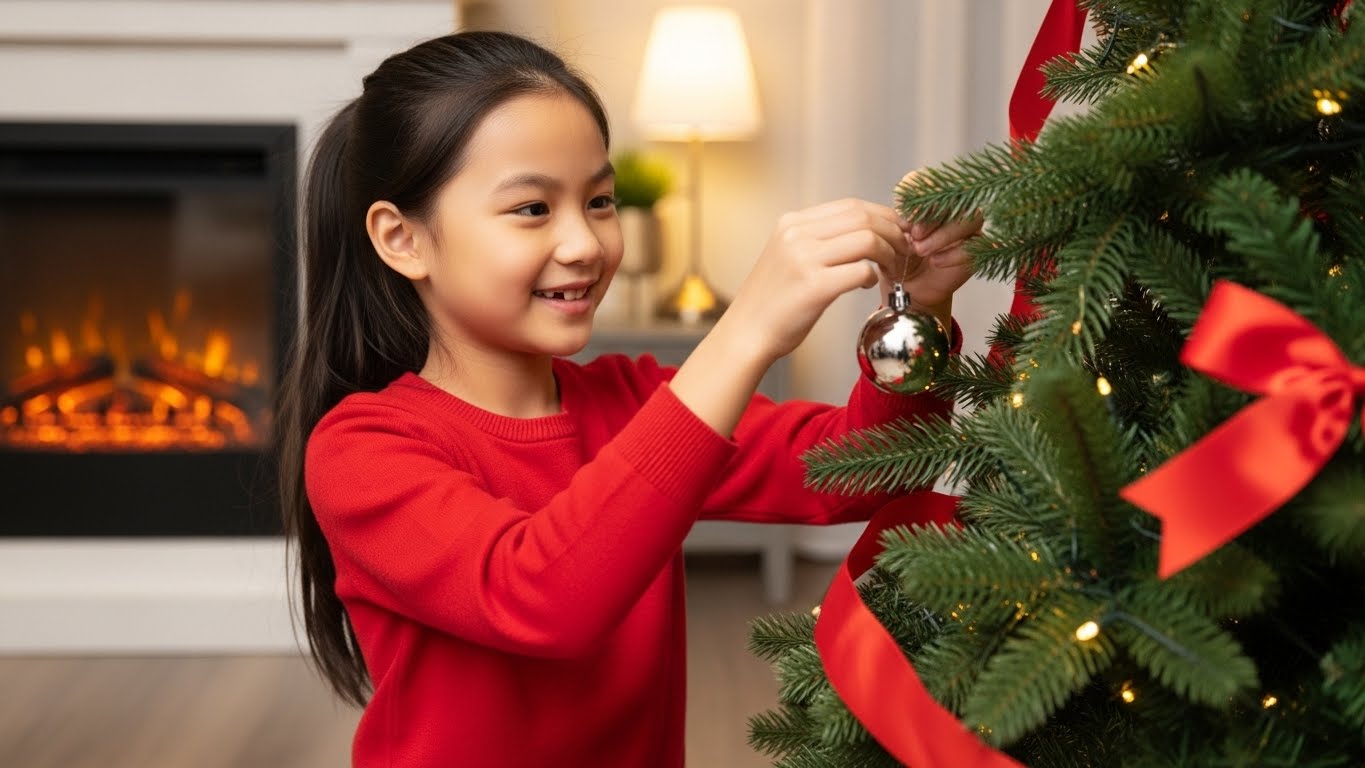 Cô Gái Việt Nam Trang Trí Cây Thông Noel Ấm Áp