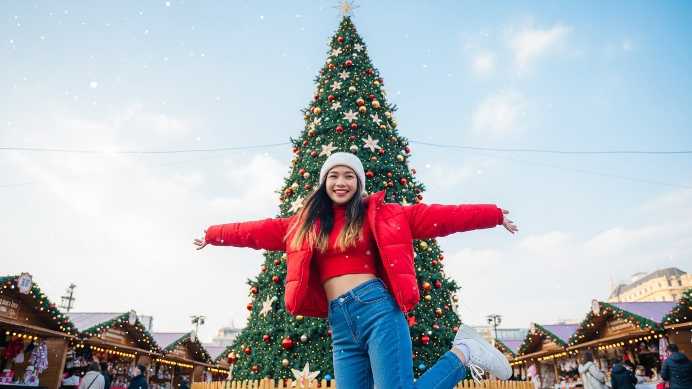 Cô gái Việt Nam trẻ trung mặc áo khoác phao đỏ ở chợ Giáng Sinh