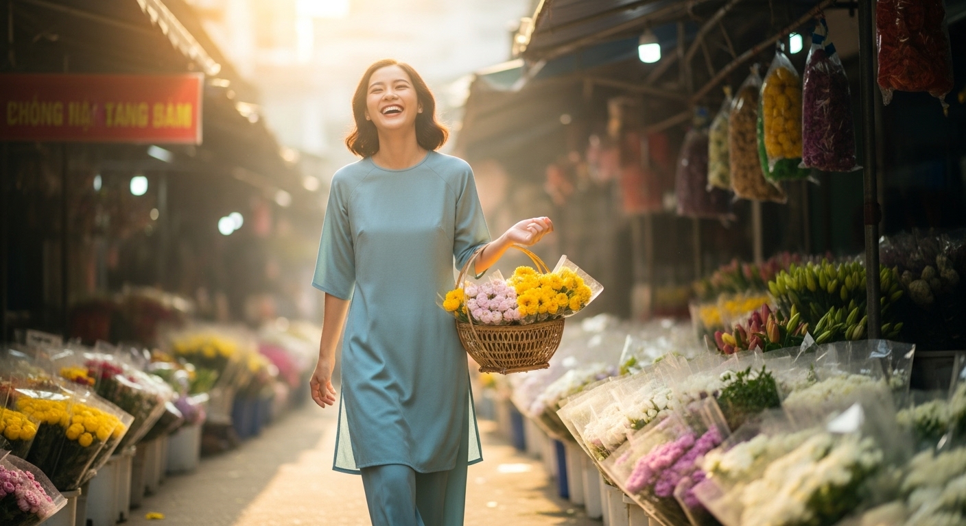 A young woman enjoying a flower market in a comfortable ao dai.