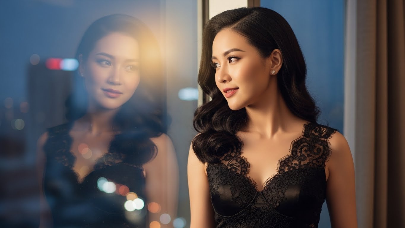 Người phụ nữ Việt Nam duyên dáng trong chiếc đầm đen phối ren tinh tế.