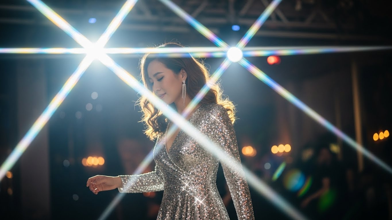 Cô gái Việt Nam tỏa sáng trong chiếc đầm sequin bạc lấp lánh, nổi bật đêm tiệc.