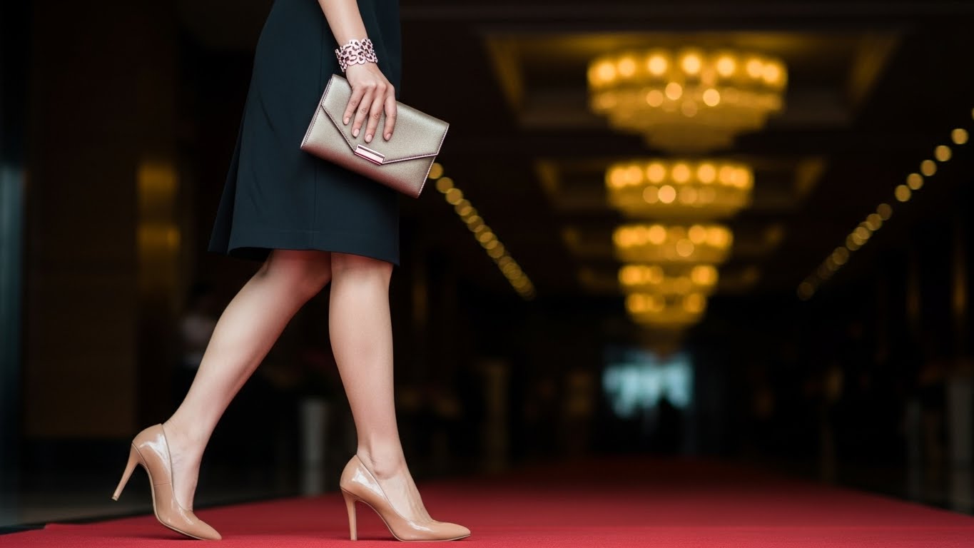 Phụ kiện tinh xảo túi clutch, vòng tay, giày cao gót cho đầm Giáng Sinh.