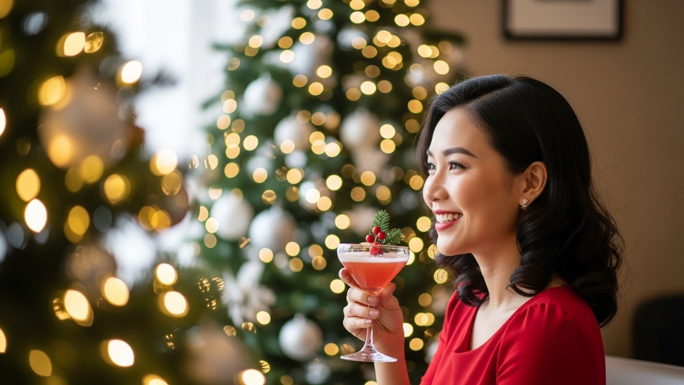 Cô gái Việt Nam rạng rỡ trong buổi tiệc Giáng Sinh, thưởng thức khoảnh khắc hạnh phúc.