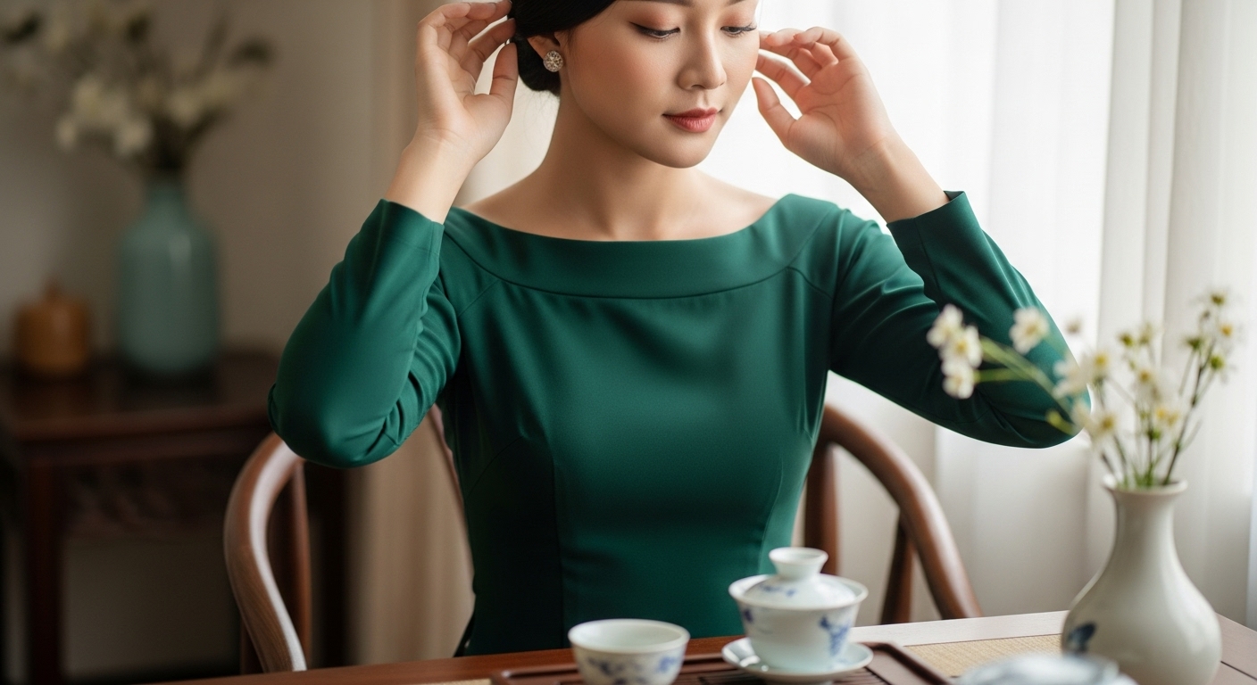 A graceful woman wearing an emerald green ao dai with a boat neck.
