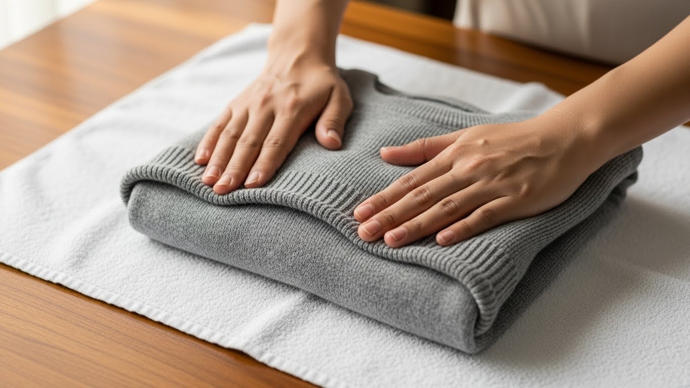 Đôi tay phụ nữ Việt Nam ép nước áo len bằng khăn bông.