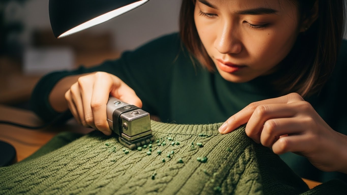 Phụ nữ Việt Nam dùng máy cắt xù lông cho áo len.