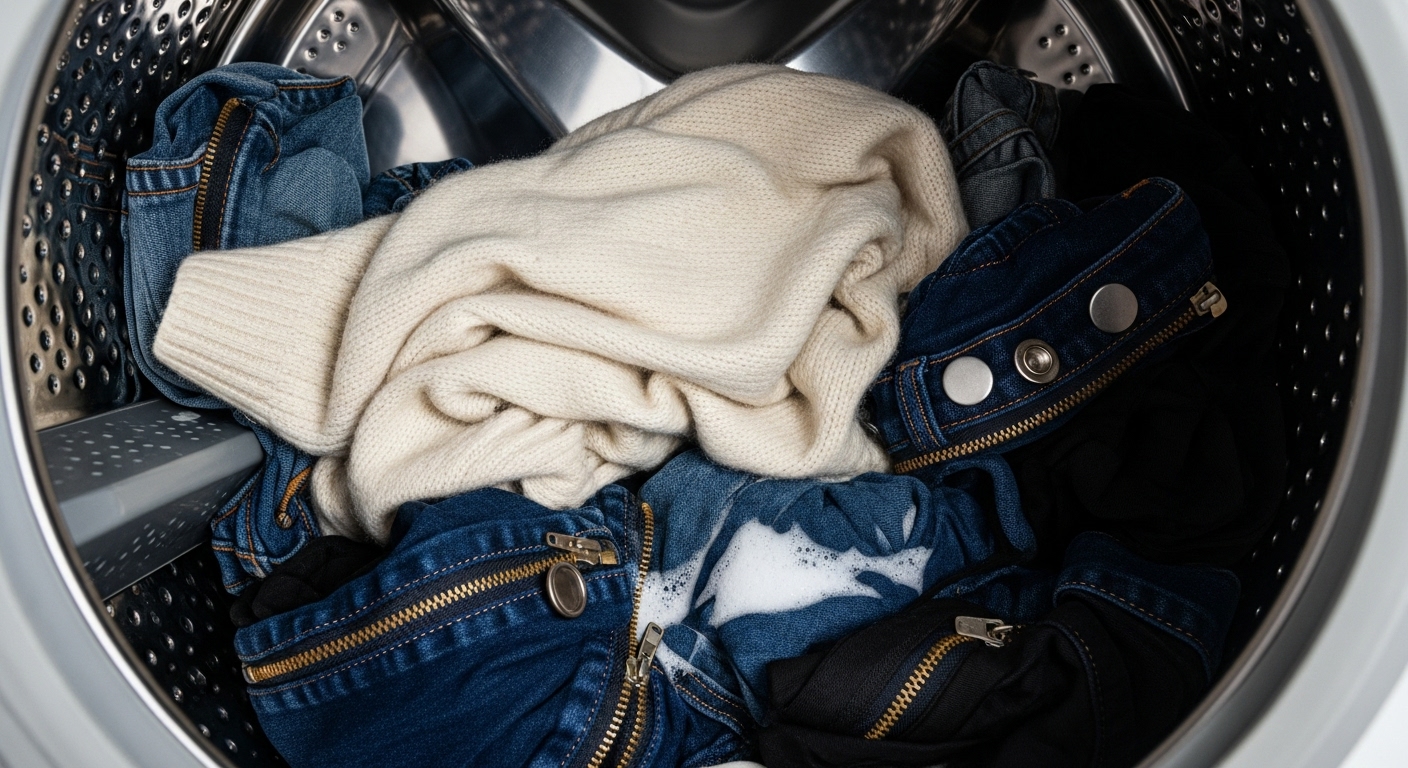 Áo len được giặt chung với quần áo có khóa kéo trong máy giặt.