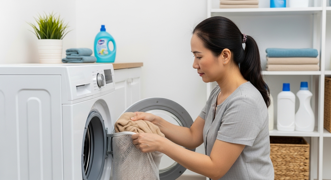 Phụ nữ Việt Nam sử dụng túi giặt khi giặt áo len bằng máy.