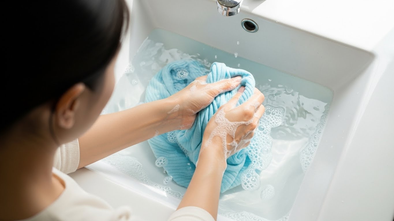 Phụ nữ Việt Nam nhẹ nhàng giặt tay áo len trong bồn rửa.