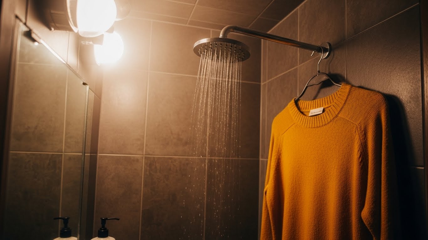 Áo len treo trong phòng tắm đầy hơi nước nóng.