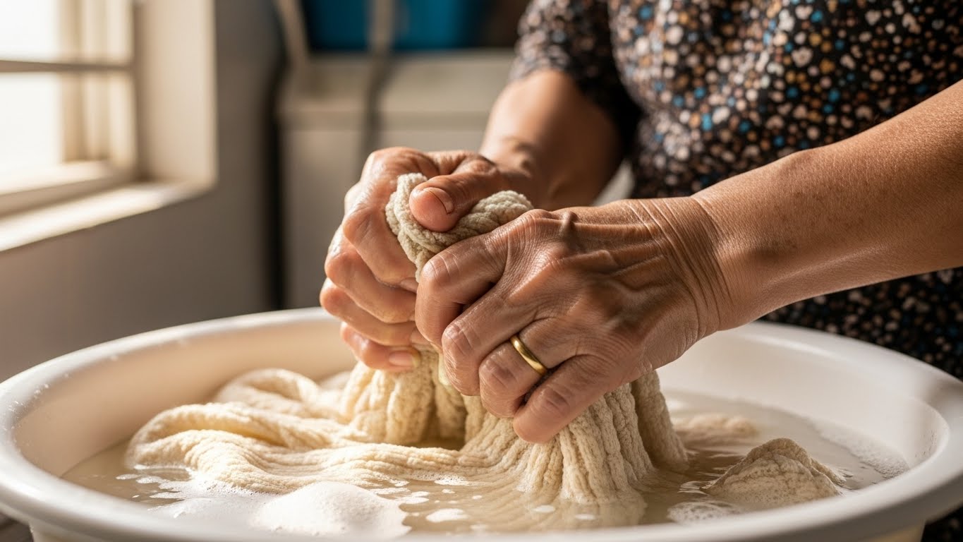 Người phụ nữ Việt Nam giặt tay áo len một cách nhẹ nhàng.