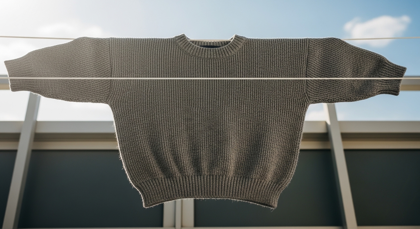 Áo len xám được phơi phẳng trên mặt lưới phơi.