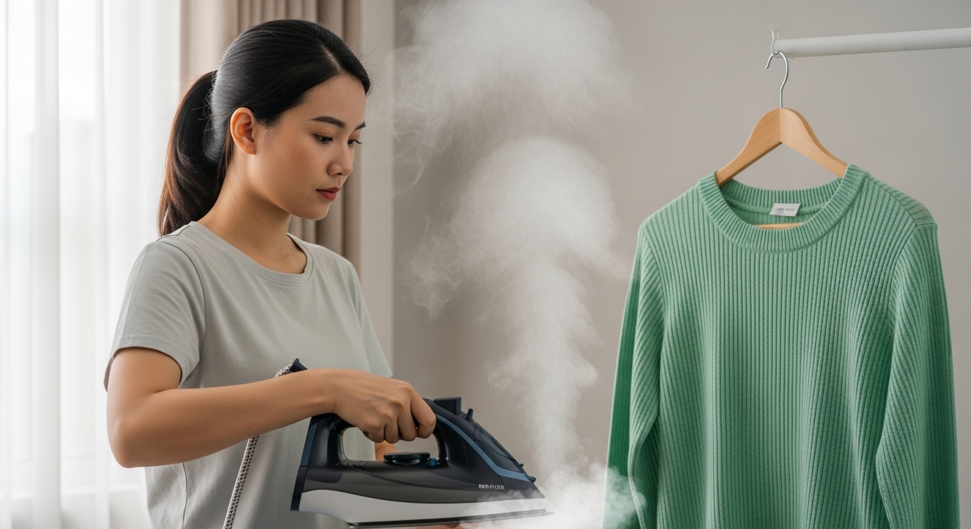 Người phụ nữ Việt Nam dùng bàn là hơi nước ủi áo len.