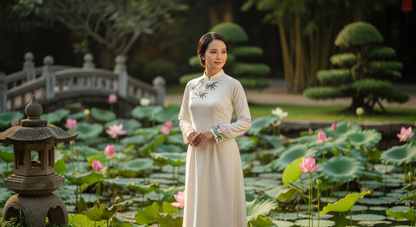 An elegant woman in a flowing, loose-fitting cream silk ao dai.