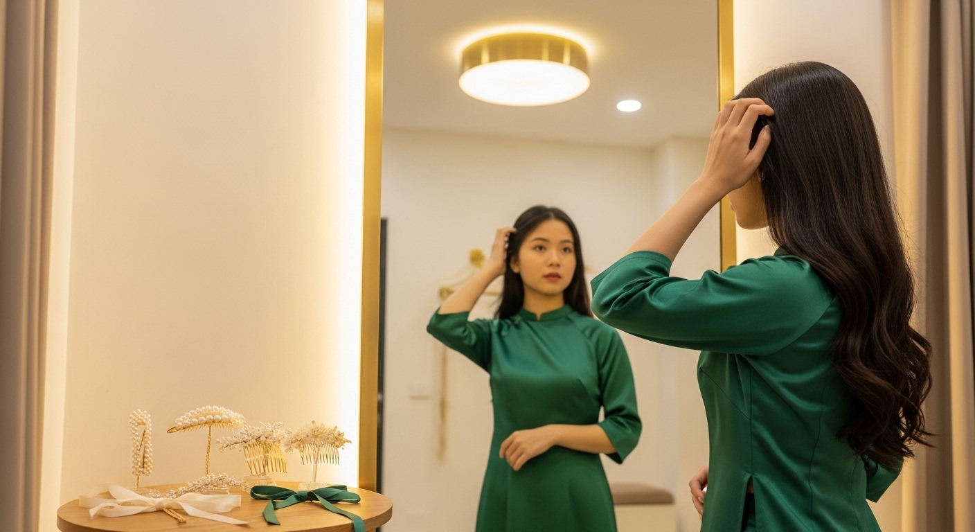 Cô gái trẻ đang cân nhắc lựa chọn kiểu tóc mặc áo dài.