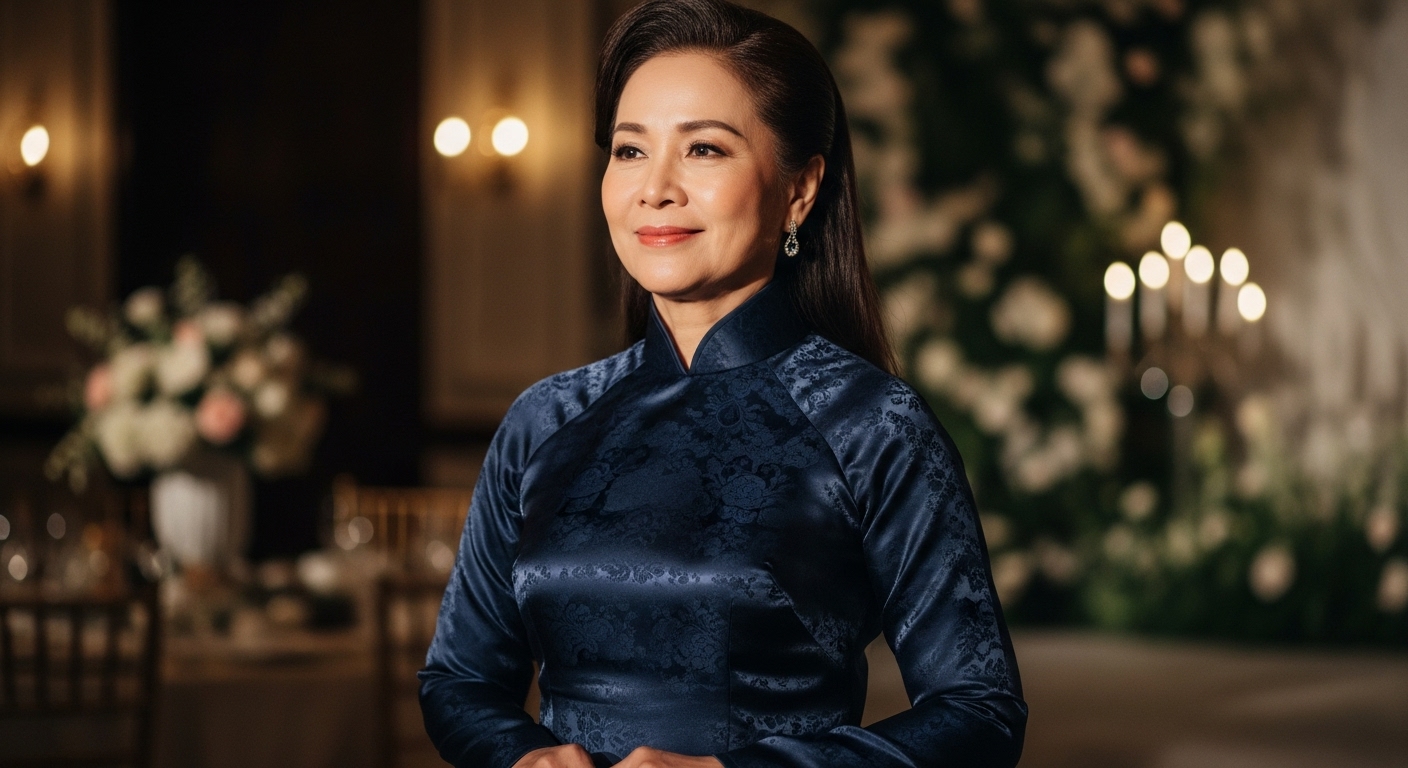 Sophisticated woman in a deep navy brocade ao dai.