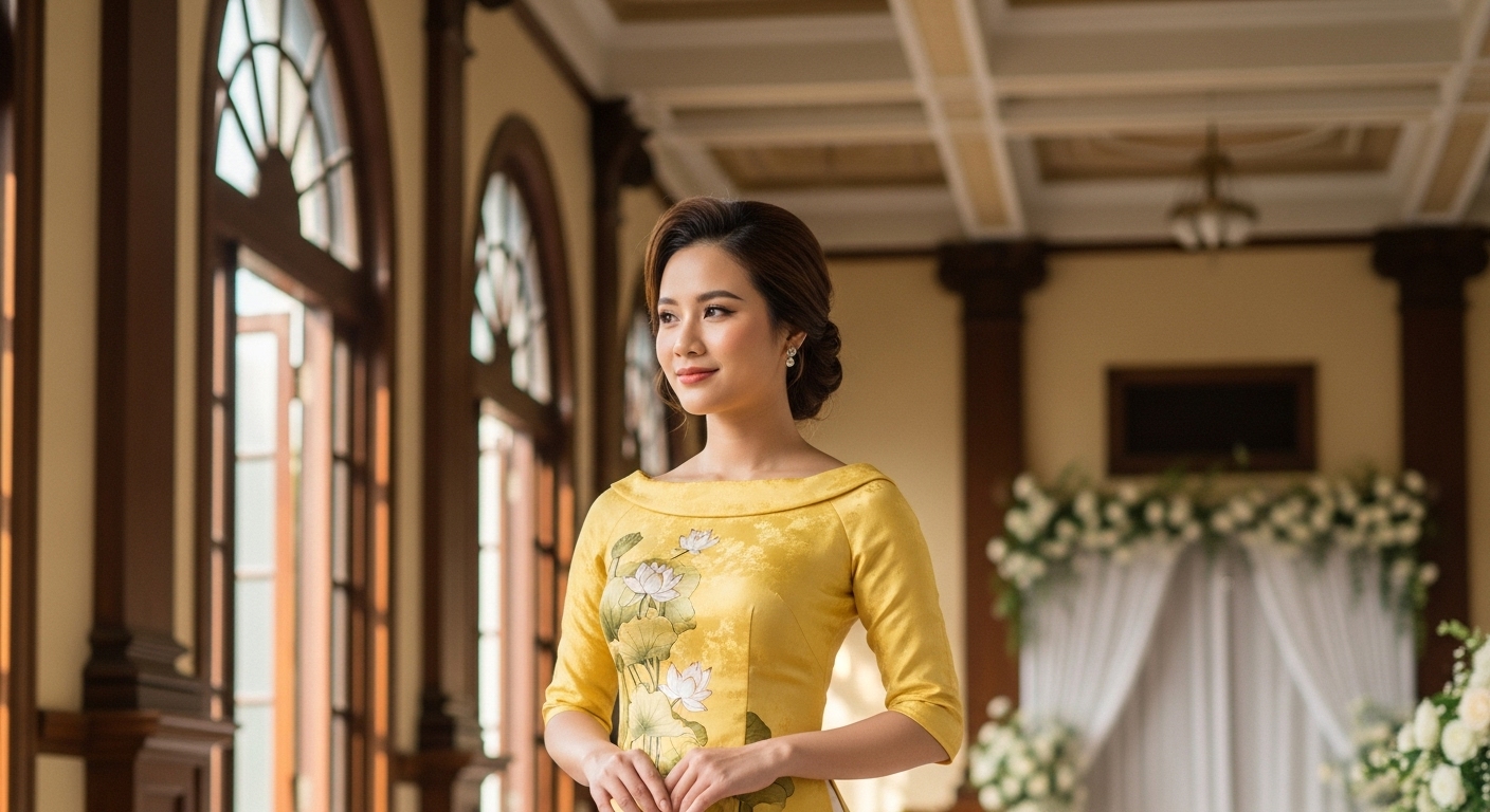 Elegant woman in a modern ao dai with lotus pattern.
