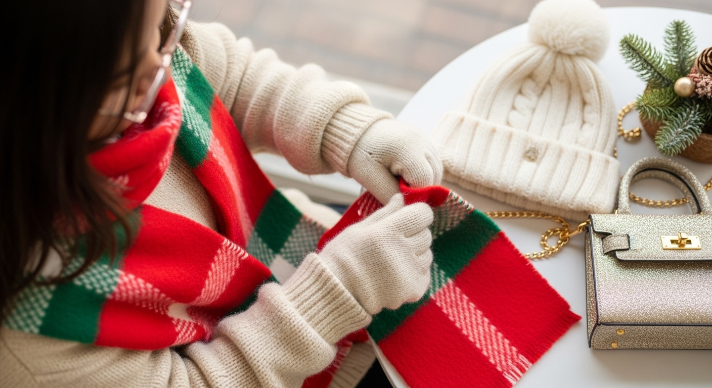 Phụ kiện Giáng Sinh: Khăn choàng, nón len, túi xách mini.