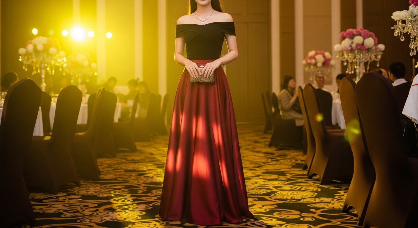 Cô Gái Việt Nam Quyến Rũ Trong Chân Váy Xòe Lụa Đỏ Dự Tiệc