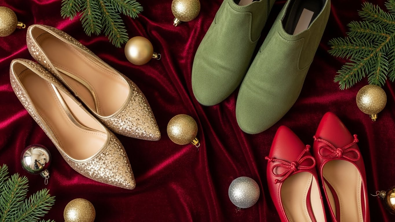 Bộ sưu tập giày Giáng Sinh với màu sắc và chất liệu đa dạng.