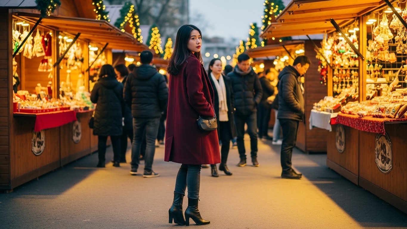 Phụ nữ Việt Nam đi boots cao cổ dạo chơi chợ Giáng Sinh.