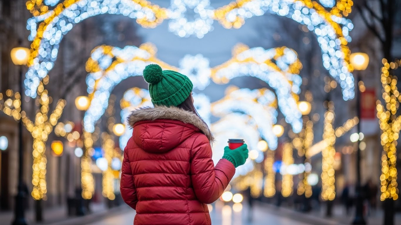 Cô gái Việt năng động dạo phố Giáng Sinh với trang phục ấm.