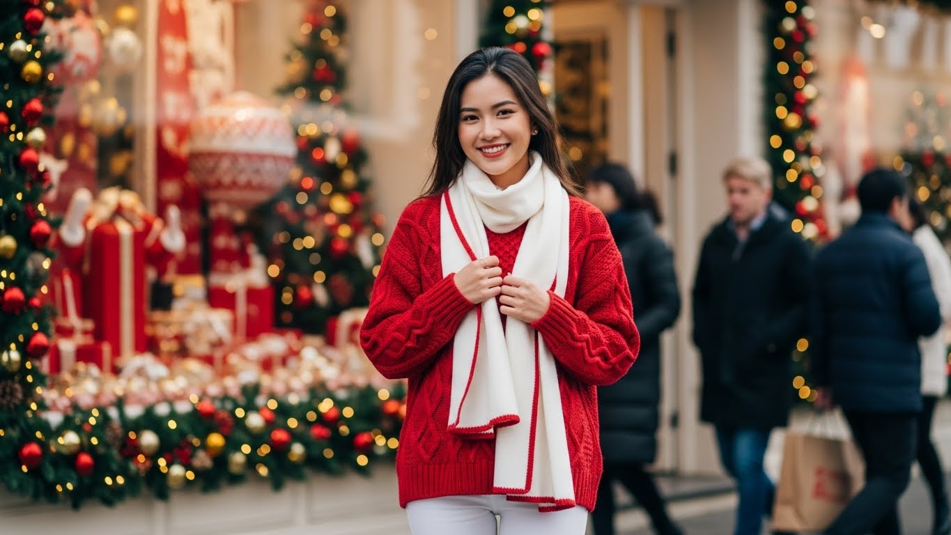 Cô gái Việt kết hợp trang phục đỏ và trắng thanh lịch.